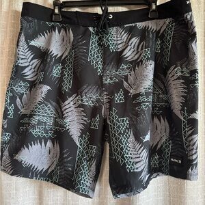Hurley Black Swim Shorts with Light Gray and Mint Fern Print